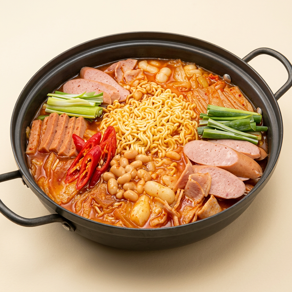 Budae-jjigae army stew simmering in a shared pot at HoHo