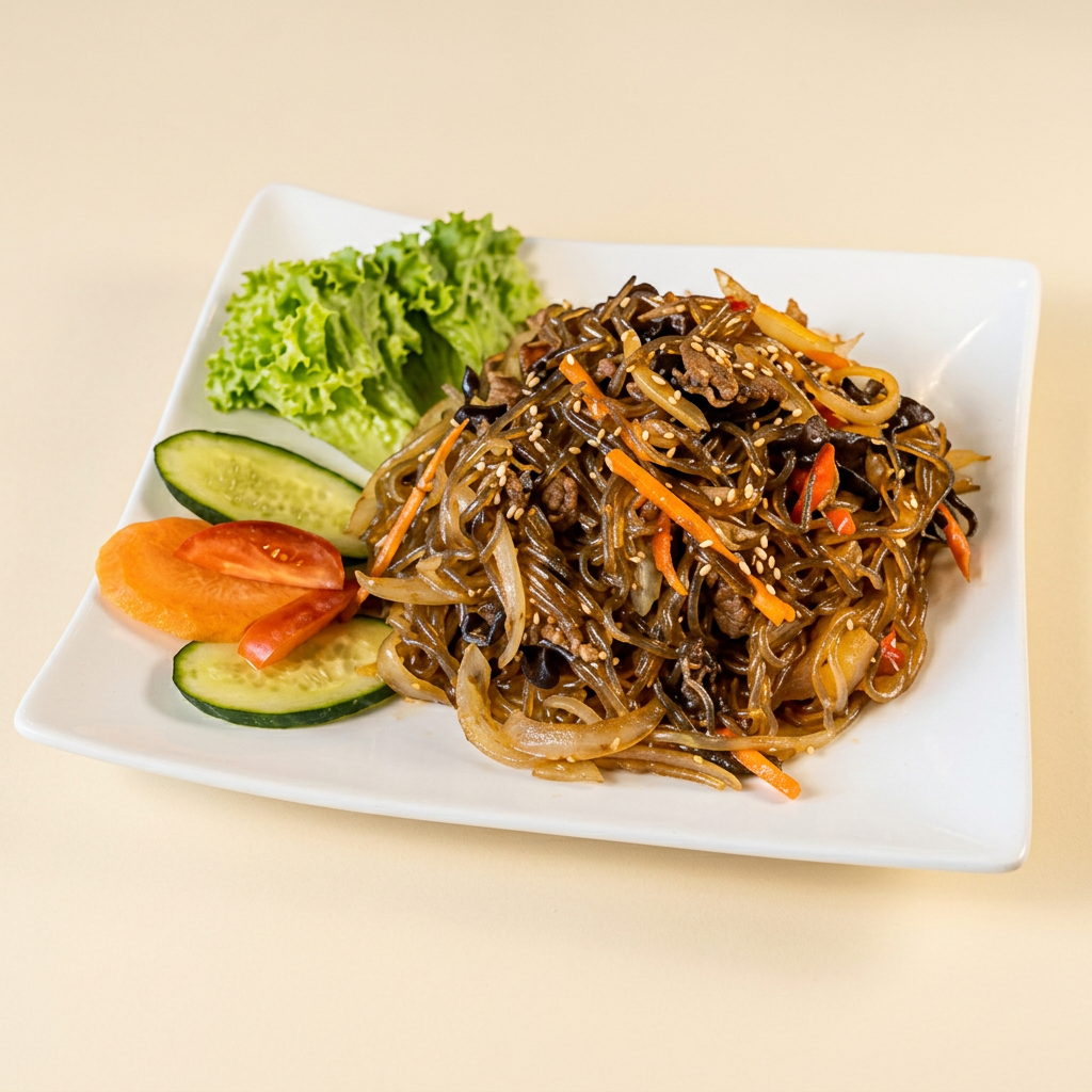 Japchae glass noodles plated at HoHo